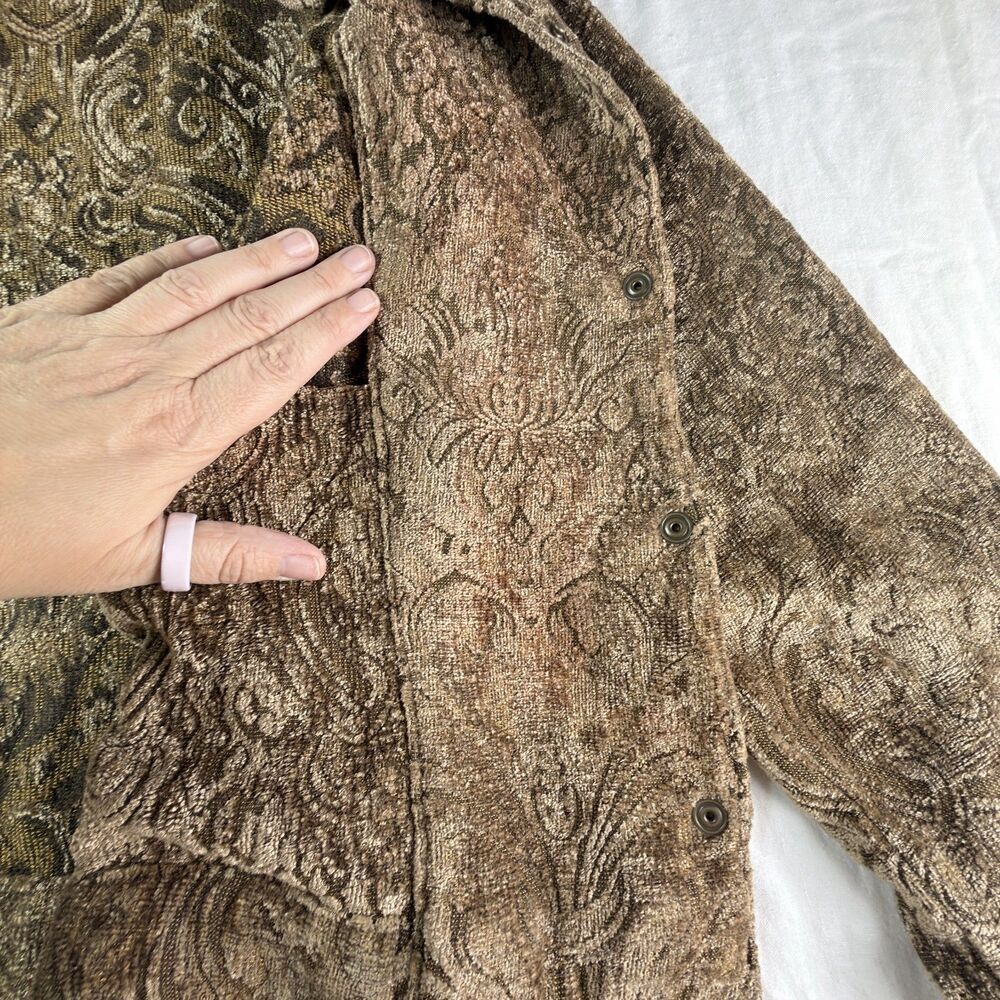 vintage 90s crafted with love tapestry chenille jacket medium bronze brown - Picture 8 of 11